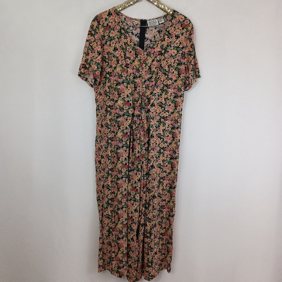 Vintage 90s Jessica Stevens Women's Plus Size Black Floral Jumpsuit size 16 - Picture 1 of 6